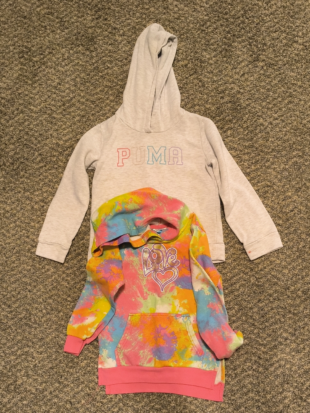 Puma Light Gray Hoodie with Multicolor Tie-Dye Layer and 'Love' Graphic